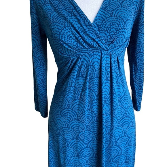 Boden Jersey Stretch Faux Wrap Blue Scallop Midi Dress Fit & Flare Empire Waist - Picture 3 of 16